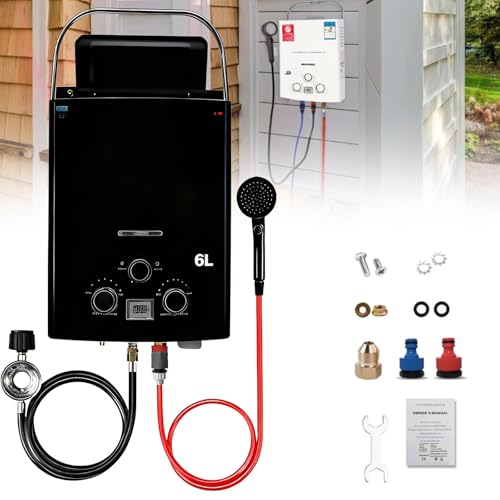 Calentador De Agua Portátil, Calentador De Agua A Gas Para Exteriores, 1.58 Gpm, 6 L, Con Pantalla Led, Protección Contra Sobrecalentamiento, Adecuado Para Acampar, Rv, Cabaña, Granero black