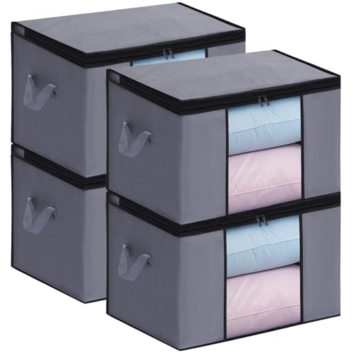 Boic 衣類収納ケース 毛布 布団収納ケース 洋服収納 衣装ケース 大容量 90L 4個組 60*43*35cm 収納ボックス 布製、透明窓付き、持ち手収納袋、折りたたみ 不織布 通気性 防塵 衣類収納、グレー