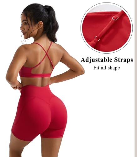 OMKAGI 2 Piece Workout Sets for Women Open Back Padded Sports Bras Booty Shorts with Pockets Gym Outfits4