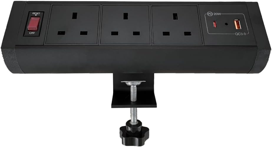 ZESHAN Desk Power socket extension cord desk clamp power strip for office desk with 1 Reset Switch, 3 UK plugs,USB C fast charging,1.8M power extension cord for furniture desk edge