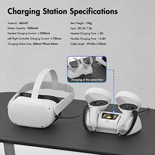 AMVR Charging Dock for Quest 2, Charging Stand with LED Light for VR Headset and Controllers, with 2 Rechargeable Batteries, Type-C Charging Cable, 2 Touch Controllers Straps