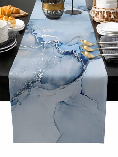 ZOE GARDEN Marble Table Runner 72 Inches Long - Ombre Blue Marble Grey Farmhouse Modern Kitchen Dining Burlap & Cotton Tablerunner for Small/Round/Square/Coffee/Dining Table Party Home Dﾃｩcor 18x72