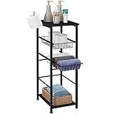 NOVIMANGO Small Storage Cabinet Bathroom Shelves Narrow Storage Tower Rack with 2 Drawers Freestanding Toilet Paper Organizer Cabinet with Paper Hanger Wooden Multifunctional Slide Basket Stand Black
