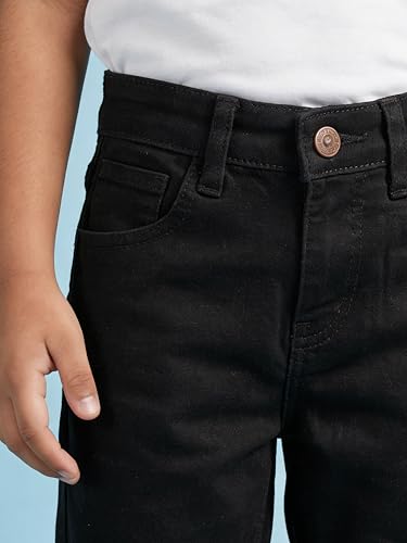 Image of KiddoPanti Boys Knee-Length Denim Shorts | Stretchable Cotton Poly Denim | Comfortable Fit with Button Elasticated Waistband & Zip Fly