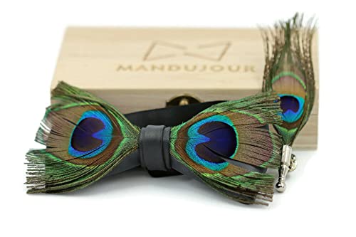 Elegant Peafowl Feather Bow Tie & Lapel Pin Set - Handmade Designer Accessory for Formal Events