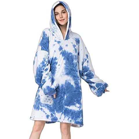 RONGTAI Oversized Wearable Blankets,Soft Plush Printed Sherpa Blanket Sweatshirt with Pockets,One Size Fits All,Tie Dye Blue Cover