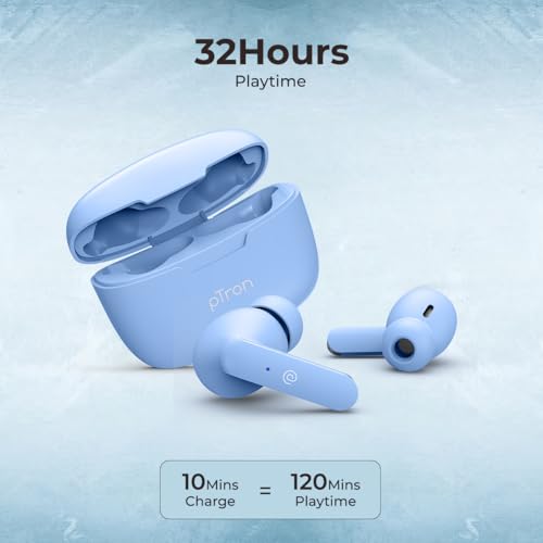 Image of pTron Basspods P81 in-Ear Wireless Earbuds, Pristine Sound, 32Hrs Playtime, Clear Calls TWS Earbuds, Bluetooth V5.1 Headphone, Type-C Fast Charging, Voice Assist & IPX4 Water Resistant (Blue Matt)