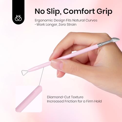 Image of Beetles Gel Nail Remover Tool Dual-end Cuticle Pusher, Triangle End Remove Gel Polish Angled End Clean Crevice Dirt Two in One Tool Dead Skin Nail Scraper Stainless Steel Pink Remover Pusher