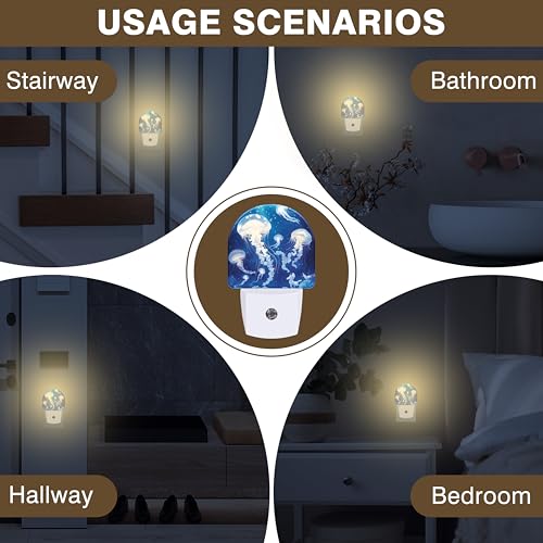 Image of Underwater Night Lights Plug into Wall White Glowing Jellyfish Night Light Dusk to Dawn Smart Sensor Decorative Round Led Lamp for Bedroom Kitchen Hallway Nightlight for Women Men