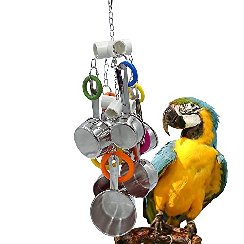 GILYGI Durable Bird Parrots Pots and Multicolored Ring Toys, Pullable 8 Stainless Steel Cups and 8 Wooden Ring Toys for Amazons Macaws African Greys Cockatoos Eclectus
