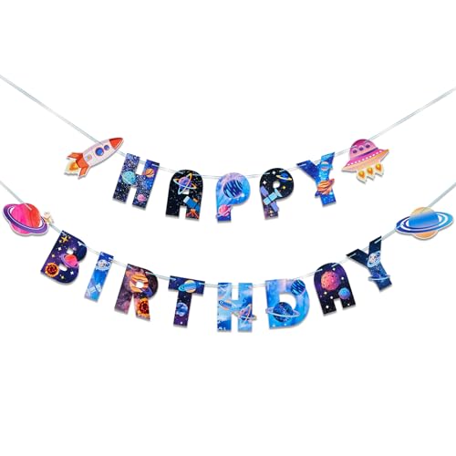 Image of SUNBEAUTY Universe Outer Space Theme Birthday Banner Galaxy Happy Birthday Party Decoration Space Birthday Decorations Solar System Decoration | Pre-Strung