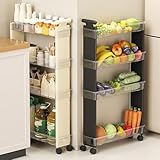 Rollbarer Aufbewahrungswagen, schmaler 4-stöckiger Küchenwagen auf Rollen, 16 cm breit, rollender Servierwagen mit Griff und Schutzrahmen, Holzregal für Bad und Küche, weißes Aufbewahrungsregal