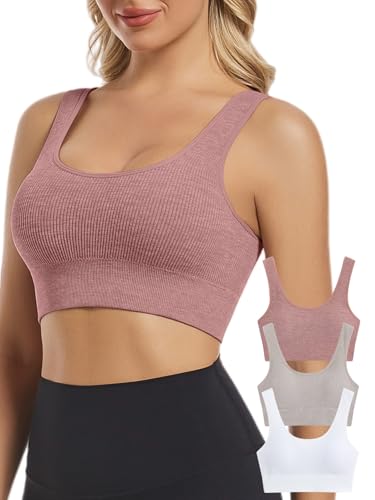 Image of Chilylori Seamless Sports Bras for Women Pack of 3 Ribbed Sports Bra Workout Tops Cropped Tank Top Comfort Padded Yoga