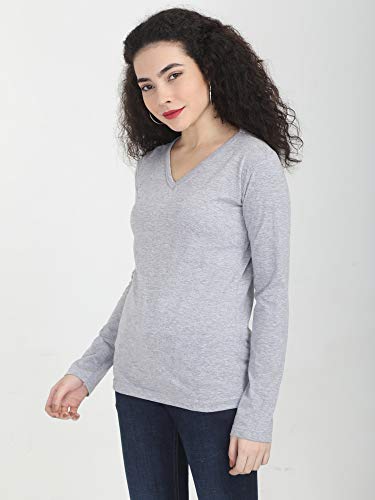 Image of FLEXIMAA Women's Cotton Plain V Neck Full Sleeve T-Shirt