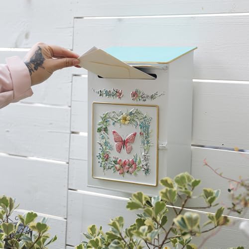 Image of Mailbox Wall Mount Mailboxes for Outside Vintage Mail Boxes for House Outside Metal Drop Box Antique Style Nostalgic Charm Home Decorative, Butterfly Pattern, White
