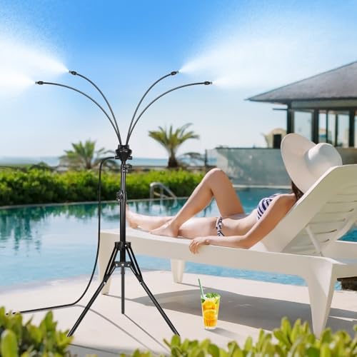 Rafow Standing Misters for Outside Patio - Adjustable Height 3.6-5.2FT Misting System Line 26.5FT Portable Water Misters for Cooling Outdoor with Tripod Base Stand Mister for Backyard Pool BBQ Party