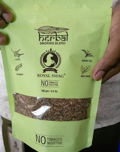 Image of ROYAL SWAG Herbal 100% Tobacco Free & Nicotine Free Organic Mixture For Smoking 100g | Herbal Smoking Blend Mix With Ayurvedic Herbs Clove, Tulsi, Cinnamon and Green Tea (Non-Addictive)