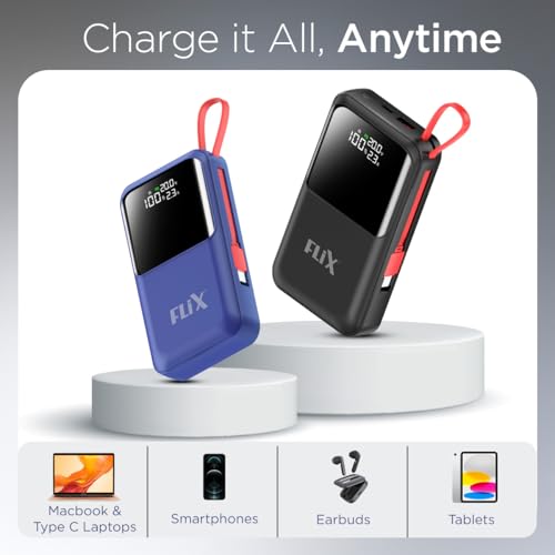 Image of FLiX UltraCharge XPB-P45 20,000mAh 45W QC Power Delivery PPS Power Bank, in-Built Type C & Lightning Fast Charging Cables, LED for Charging Percentage with Amp and Volt Display (Black)