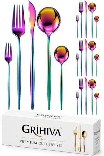 Image of 20 Pcs Rainbow Cutlery Set for Dining Table the Perfect Lightweight Silim Handle Tableware Including Dinner Spoon, Dinner Fork, Dinner Knife, Dessert Spoon & Dessert Fork