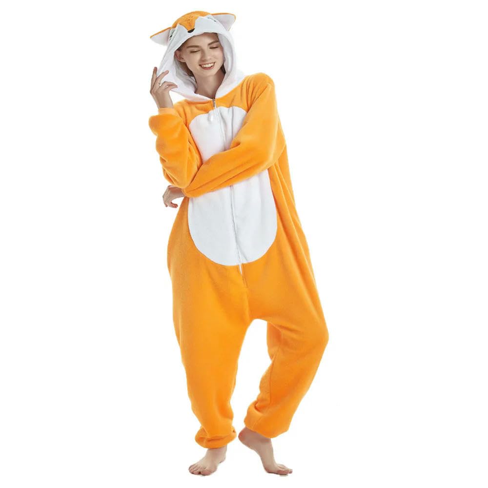 NYSDM Fox Orange Sleep Onesie Tuta con Cappuccio per Adulti Lounge Wear Pigiama Divertente da Donna Pigiama Giallo Abbigliamento per la casa Pigiama di Halloween