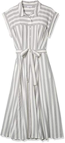 Calvin Klein Women's Size Short Sleeve Button Front Shirt Dress with Self Belt, White/Black, 20 Plus
