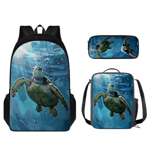 Set zaino per bambini con portapranzo e portapenne borsa per studenti per scuola elementare o asilo Tartaruga Marina - Blu Taglia unica Zaino per