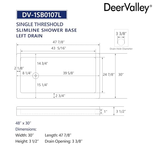 Image of DeerValley 48 inchL X 30 inchW Shower Base in White with Single Threshold, Left Drain Location, Rectangle Acrylic Alcove Shower Pan for Bathroom, Non-slip Design DV-1SB0107L