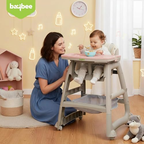 Image of Baybee Breeze High Chair for Kids with Musical Tray, Dual Removable Trays, Adjustable Feeding System, 5-Point Safety Belt, Storage Basket & Detachable Cushion for 6 Months to 3 Years (Beige & Pink)