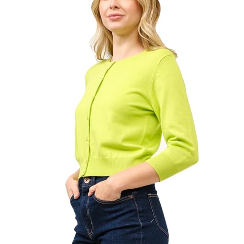 Image of Women's Cropped Cardigan 3 /4 Sleeve Crewneck Button Up Sweater Knit Top (S~XL)