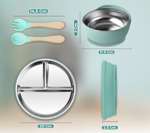 Image of NYALA Stainless Steel Toddler Plates Silicone Suction, Non-Slip Baby Plates BPA Free,Unbreakable Dishwasher Safe (Pista Green, Plate + Bowl)