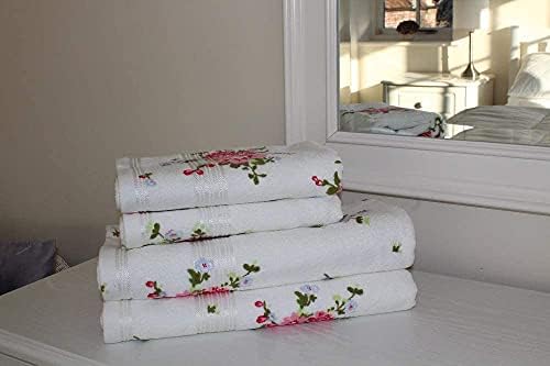 SHL White/Pink Rose Floral Printed 100% Cotton Towel 400 Gsm (Pack Of 2 Face Flannels)
