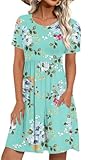 LONGYUAN Womens Short Sleeve Hide Belly Loose Fitting Dresses Swing Casual Sundress with Pockets Medium Mint Green