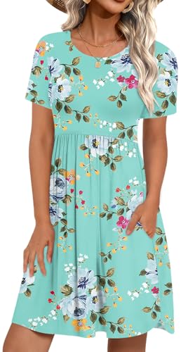 LONGYUAN Womens Short Sleeve Hide Belly Loose Fitting Dresses Swing Casual Sundress with Pockets...