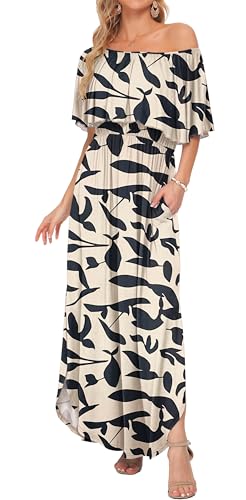 Image of AUSELILY Womens Off Shoulder Ruffle Split Summer Maxi Dresses with Pockets | Off-shoulder Ruffle dress with empire waist & side split for summer beach and casual parties