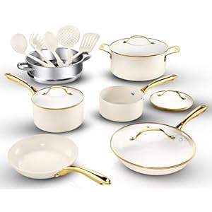 Gotham Steel 15 Pc Ceramic Pots and Pans Set Non Stick, Kitchen Cookware Sets, Pot and Pan Set, Ceramic Cookware Set, Non Toxic Cookware Set, Non Stick Pots and Pan Set Dishwasher Safe, Cream White