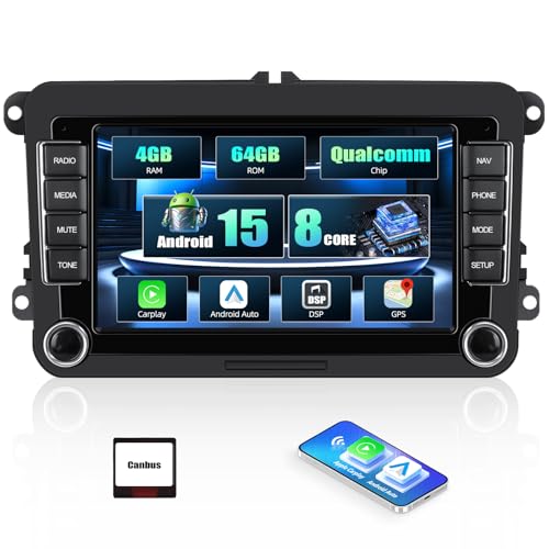 CAMECHO Android 15 Qualcomm 4+64G 8 Core 7 Pollici Autoradio per VW Golf 5 6 Polo Caddy Touran Passat Skoda, Radio 2Din con Wireless Carplay Android Auto GPS FM/RDS WIFI +Canbus con Touchscreen IPS