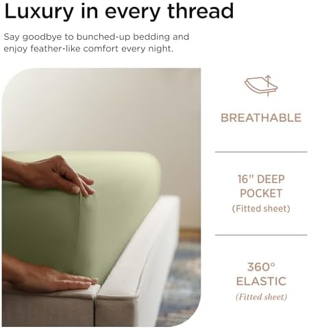 Threadmill 100% Cotton Sheets for Full Size Bed - 600 Thread Count Full Bed Sheets Set with 16β Deep Pocket - Sateen Weave 4-Piece Bedding Set with Cooling Effect, Sage Green - 2