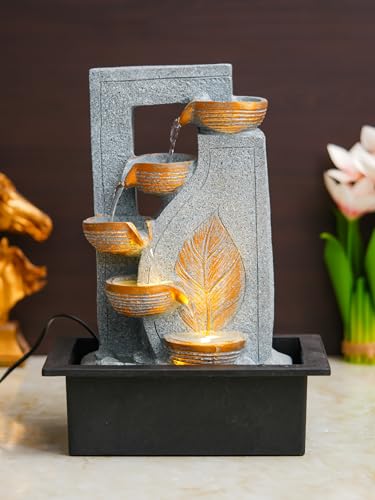 Image of CHRONIKLE Indoor Tabletop Water Fountain with Warm LED Light & Controller Pump | Golden Leaf Designer 4 Diya Step Cascade Polyresin Waterfall Fountain for Home, Meditation Decor | Grey | 40x29.5x22 CM