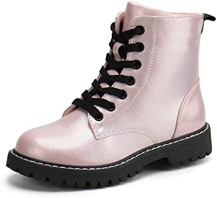firelli Kids Ankle Boots Boys Girls Side Zipper Lace Up Work Boots Combat Boots (7 US,Pink)
