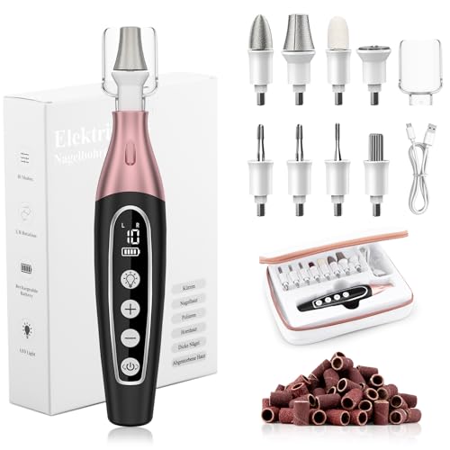 Electric Nail File-E File 8 Attachments, LED Light & Display Screen, 10 Speeds, Clockwise/Anticlockwise for Pain-Free Trimming, Buffing & Shaping | Nail Kit for Home & Salon Use Black