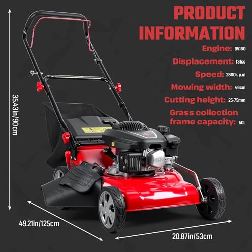 3 in 1 Gas Lawn Mower Self Propelled Self Propelled Gas Lawn Mower, 131cc Engine with Air Cooling, 50L Grass Tank, Foldable Design Red, Big Wheels & Easy Start - Thumbnail 3