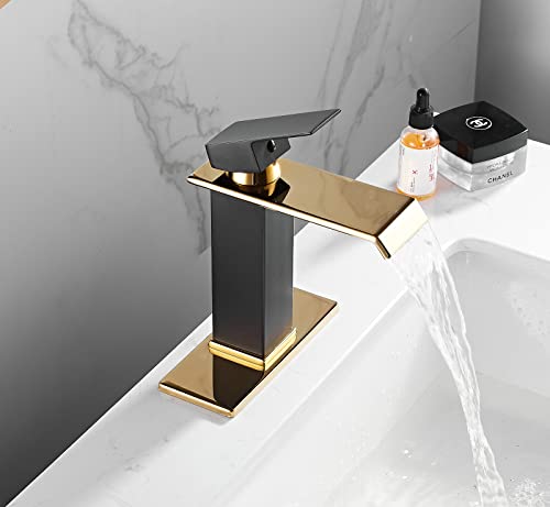 Black Gold Bathroom Faucets Waterfall Spout Basin Sink Faucet with Overflow Drain Assembly Single Handle Bathroom Vanity Sink Faucet with Deck Plate 1-3 Holes Vanity Lavatory Deck Mounted Farmhouse by Chiczam - Used condition - Image 5