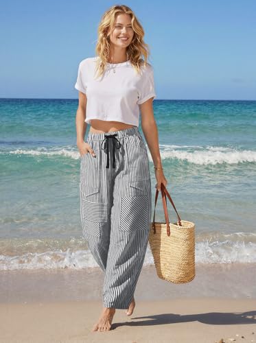 Image of TARSE Womens Striped Linen Barrel Pants with Pockets Y2k Patchwork