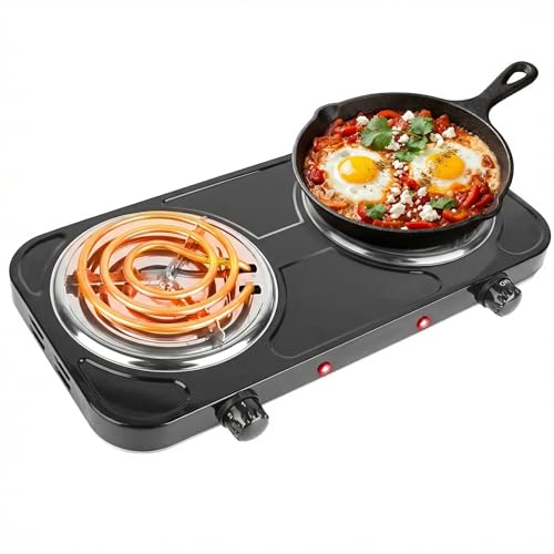 Image of 2000W Electric Portable Double Burner Coil Heating Hot Plate Stove | Countertop RV Hotplate Temperature Controls Easy to Clean for Camping RV Kitchen (Black)