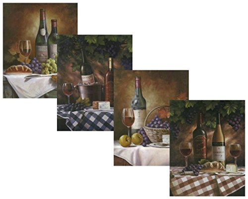 Set of 4 Classy Wine Bottles Grapes Gourmet Fruit Art Prints Posters 11x14 Inches Kitchen Cafe Home Decor Great for Framing!