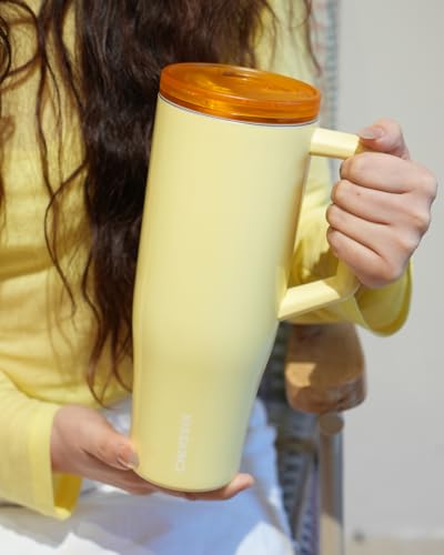 Image of KISSKIND 40 oz Lumispin Tumbler with Handle and Hidden Straw, 100% Leak Proof Water Cup with Handle, Insulated Water Bottle for Travel, Mom, Nurse, Teacher, Student, Butter Yellow