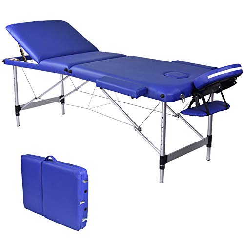 Wellhome Mesa de Masaje de 3 Secciones Aluminio Camilla Cama Portatil Plegable Ligera Camillas Masajes de Profesional Altura Ajustable con Reposacabezas, Apoyabrazos, Bolsa de transporte (Azul)