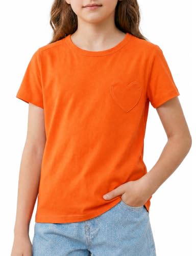 Spring&Gege T-shirt à manches courtes pour fille - En coton - Col rond - Style décontracté - Avec poche en forme de cœur - Pour l'été - Couleur unie - 5-14 ans, Orange, 11-12 ans