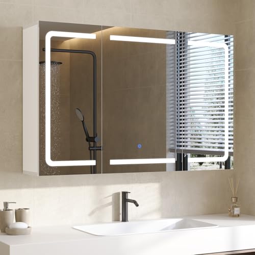 DICTAC Badezimmer Spiegelschrank mit Beleuchtung und Steckdose Badezimmerschrank mit Spiegel und Verstellbarem Regal,Badschrank mit 3 Türen,Wandschrank,Hängeschrank,Badspiegel,90 x 60 x 16cm Weiß DICTAC Badezimmer Spiegelschrank mit Beleuchtung und Steckdose Badezimmerschrank mit Spiegel und Verstellbarem Regal,Badschrank mit 3 Türen,Wandschrank,Hängeschrank,Badspiegel,90 x 60 x 16cm Weiß