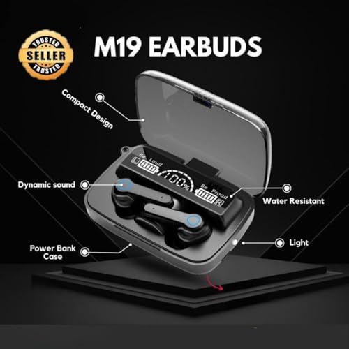 Image of M19 TWS Earbuds with LED Battery Display & Built-in Torch | 30H Playtime, Fast Charging, Bluetooth 5.1, ENC, Deep Bass, IPX7 Waterproof